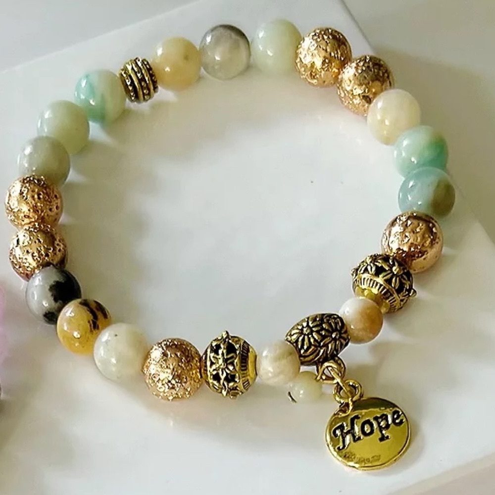 Hope Lava Bracelet with Gemstones and Gold Tone Inspiration Charm with Gift Bag